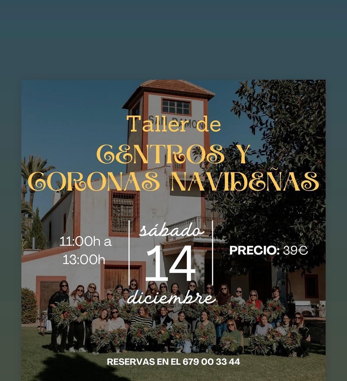 Taller de coronas navideñas en Finca San Ramón Elche. Experiencia navideña sostenible.